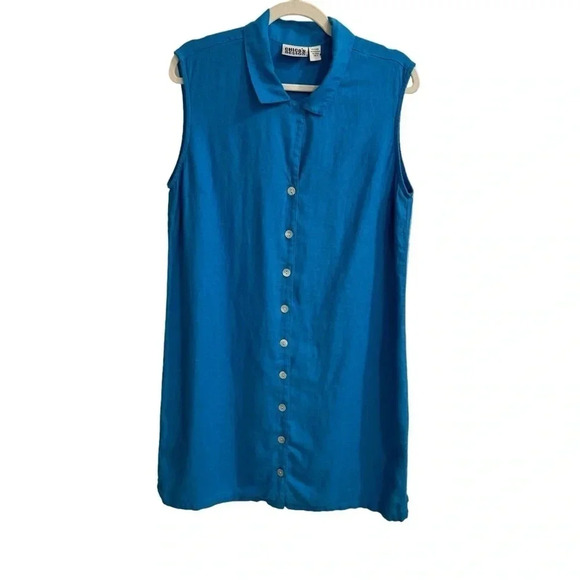 VINTAGE Chico’s 100% Linen Button Up Dress Size M (2) Blue Coastal Nautical Work - Picture 1 of 10